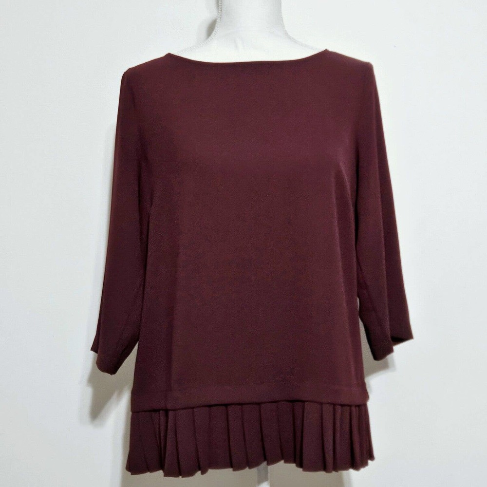 J Jill Blouse‎ Top Womens Size S Burgundy Wine Peplum Pleated Trim 3/4 Sleeve
